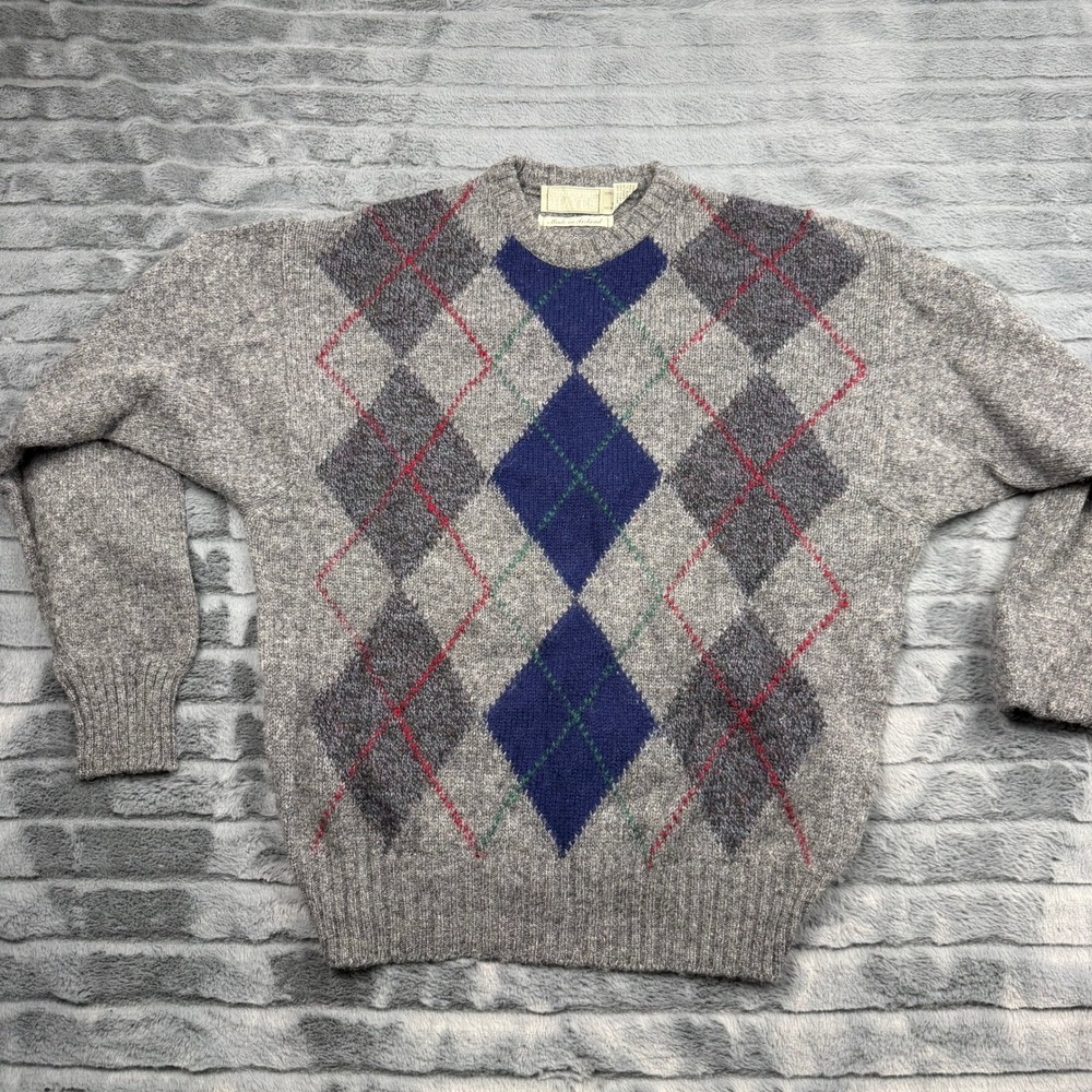 Christopher Hayes Mens Grey Argyle Shetland Wool Sweater Made in Ireland Large